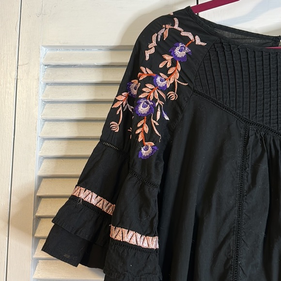 FREE PEOPLE Pavlo Embroidered Ruffle Boho Lined Dress Black Babydoll Large - Picture 3 of 11